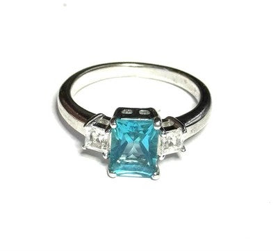 Emerald Cut Blue Topaz Trilogy Ring With White Zircon Accents New Size N 1/2