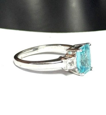Emerald Cut Blue Topaz Trilogy Ring With White Zircon Accents New Size N 1/2