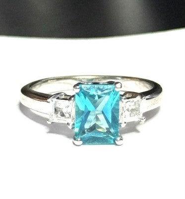 Emerald Cut Blue Topaz Trilogy Ring With White Zircon Accents New Size N 1/2