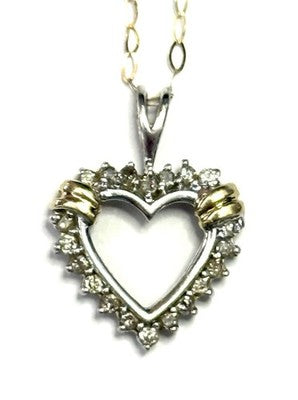 Diamond Studded White & Yellow Gold 10k Heart Pendant & Chain