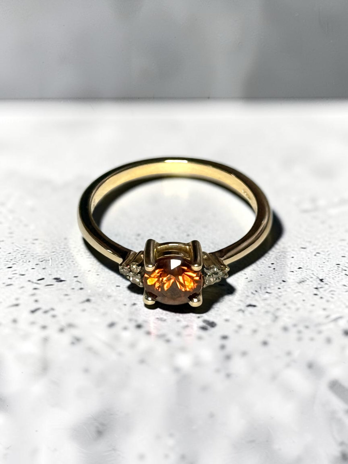 Unusual Cognac Zircon & Champagne Diamond 10k Gold Ring Size J 1/2