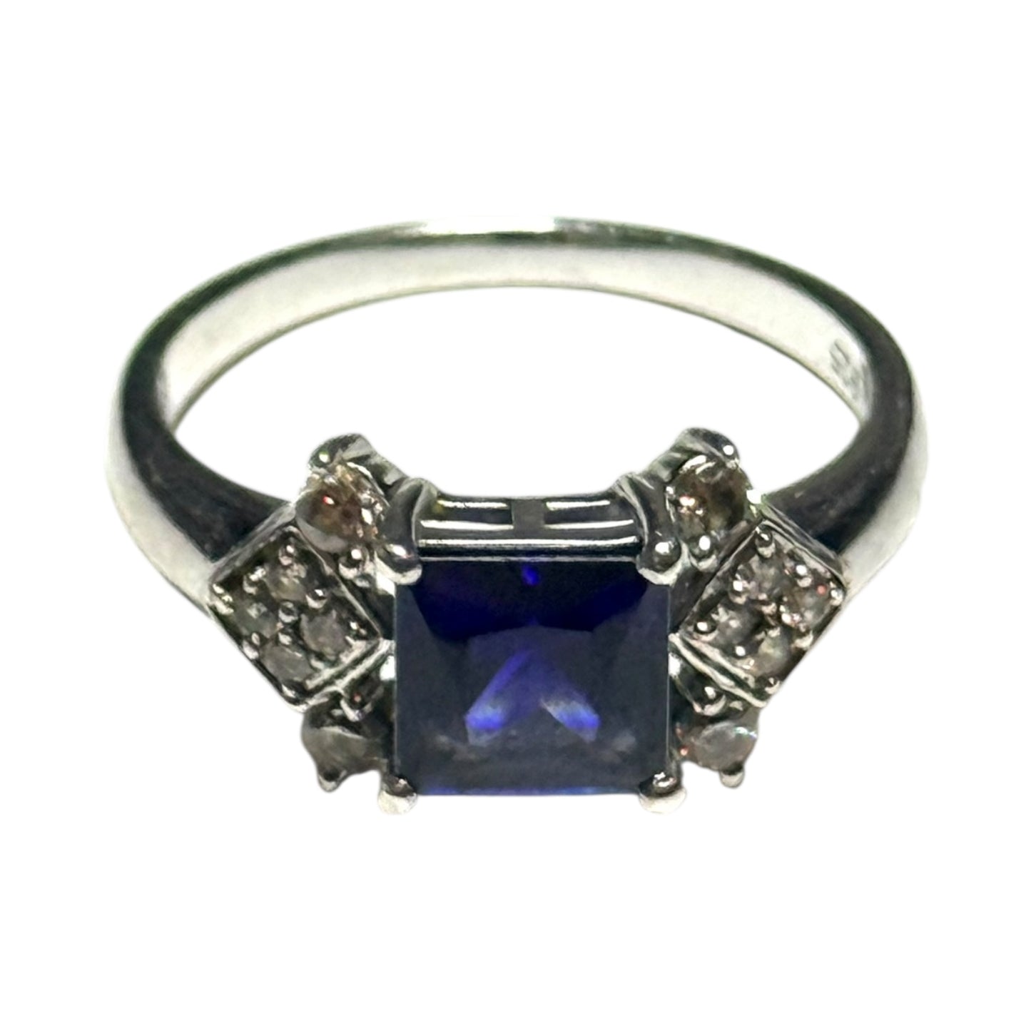 Sapphire & White Stone Silver Ring Size R - CSC