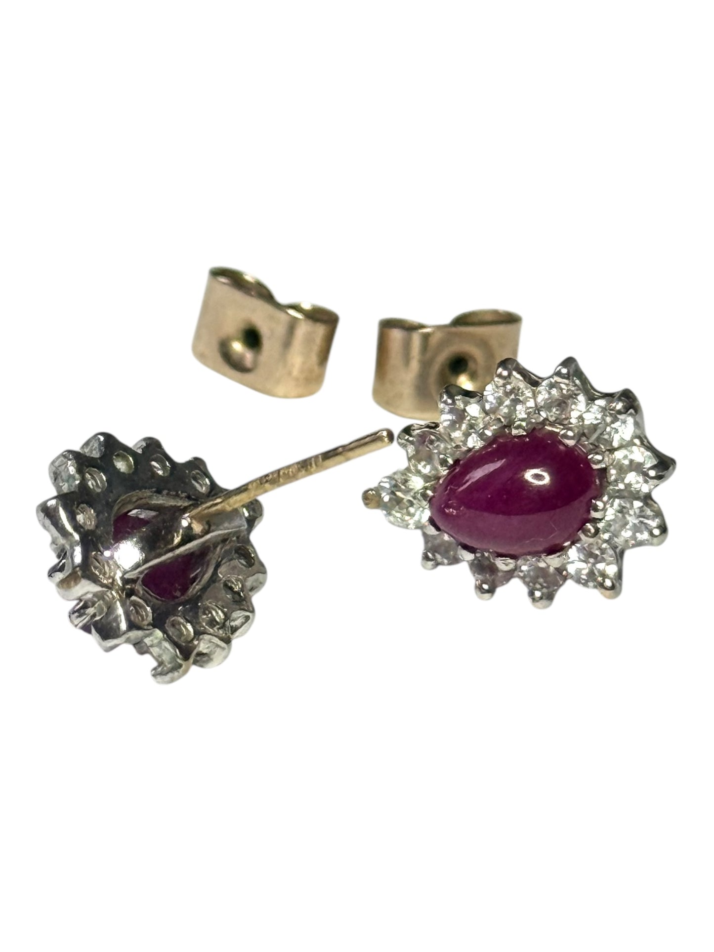 Ruby Cabochon & Diamond Halo Gold Earrings