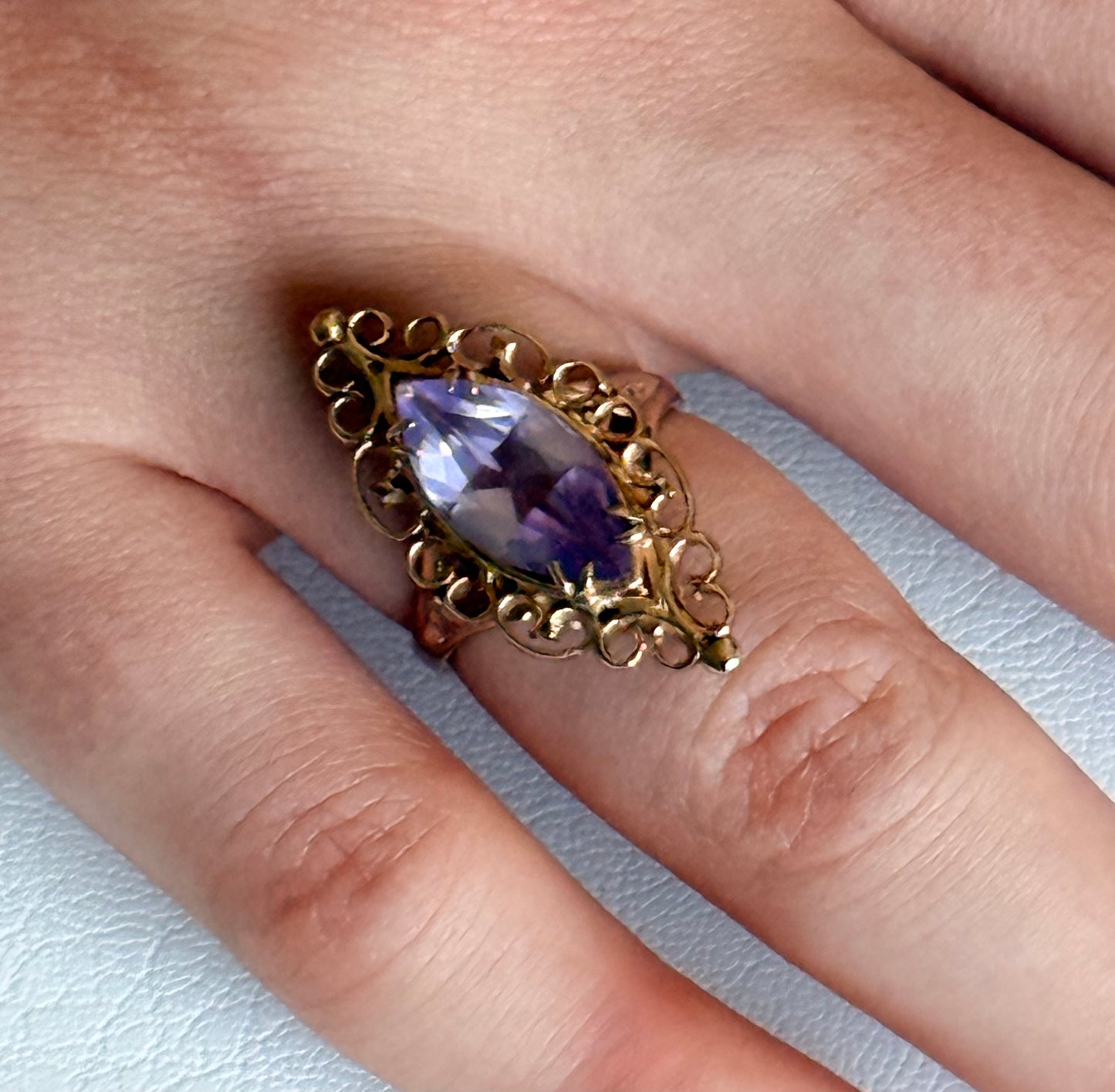 Fancy Vintage Marquis Amethyst 9k Cocktail Gold Ring