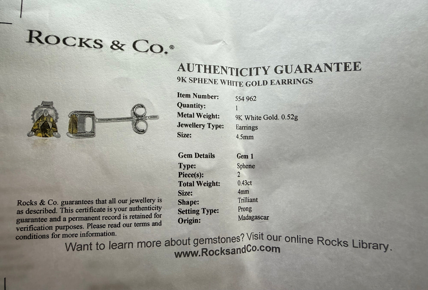 9k White Gold Rare Sphene/Titanite 0.43ct Trillion Stud Earrings