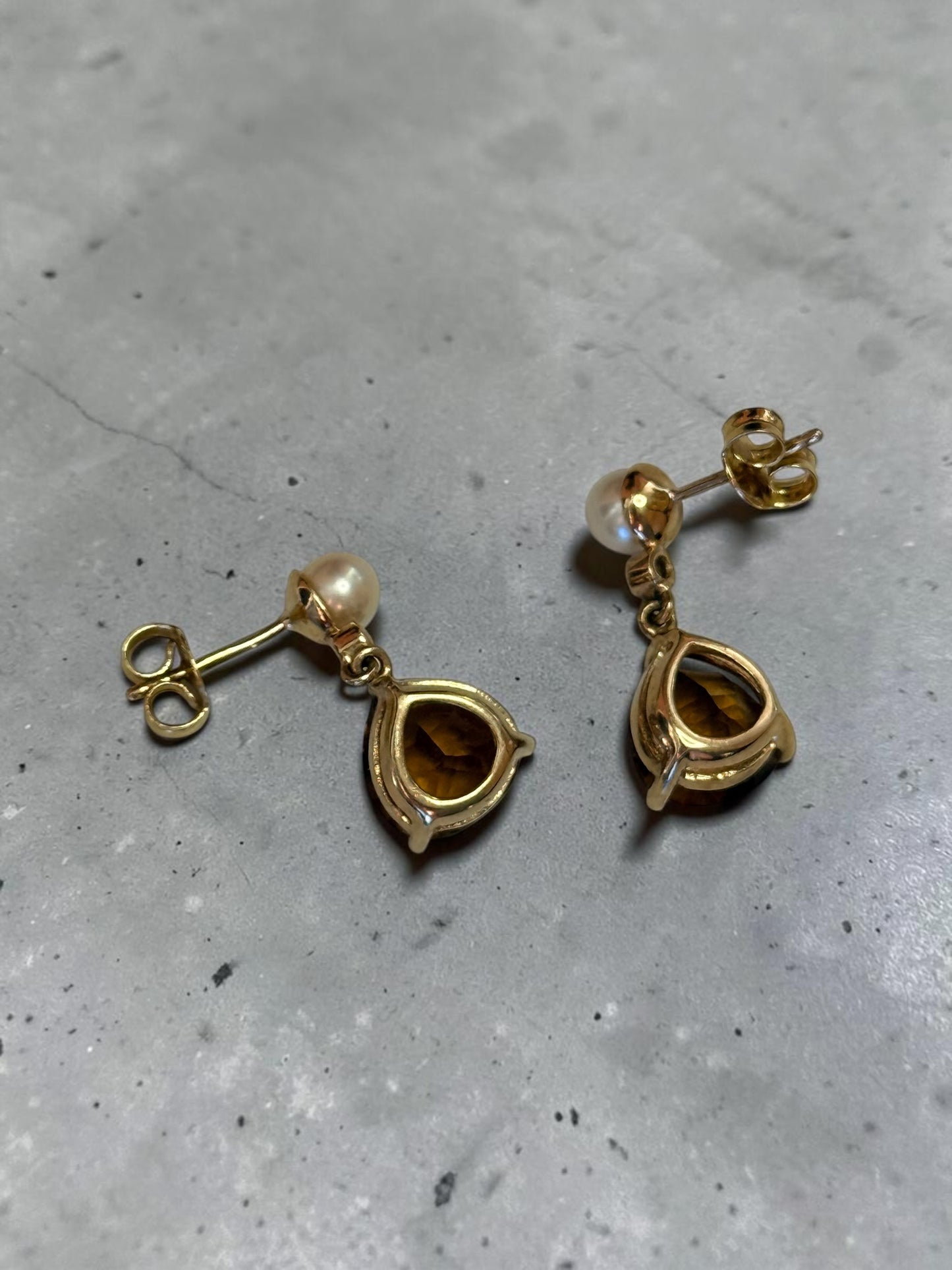 Stunning 9k Gold Cognac Citrine & Pearl Drop Earrings
