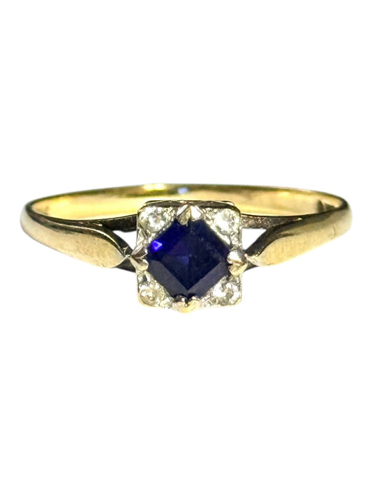 Vintage Blue Sapphire & White Spinel Gold Ring