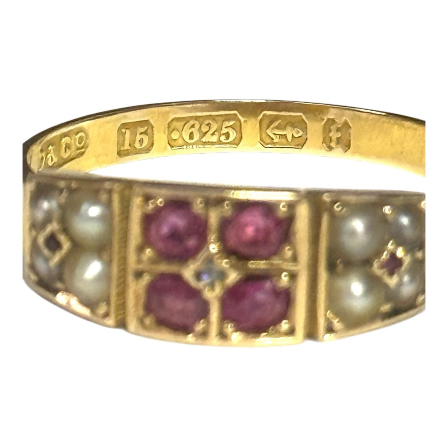 Victorian Pink Sapphire, Diamond & Split Pearl 15ct Gold Ring