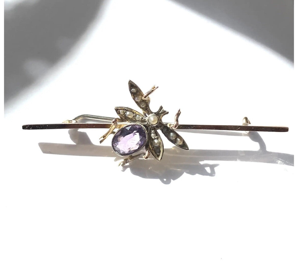 Vintage 9ct Gold Gem Stone Bug Bar Brooch