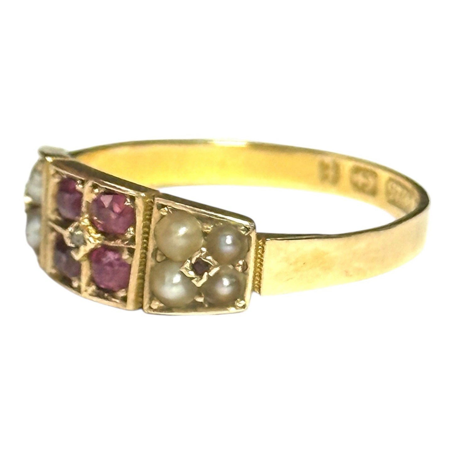 Victorian Pink Sapphire, Diamond & Split Pearl 15ct Gold Ring