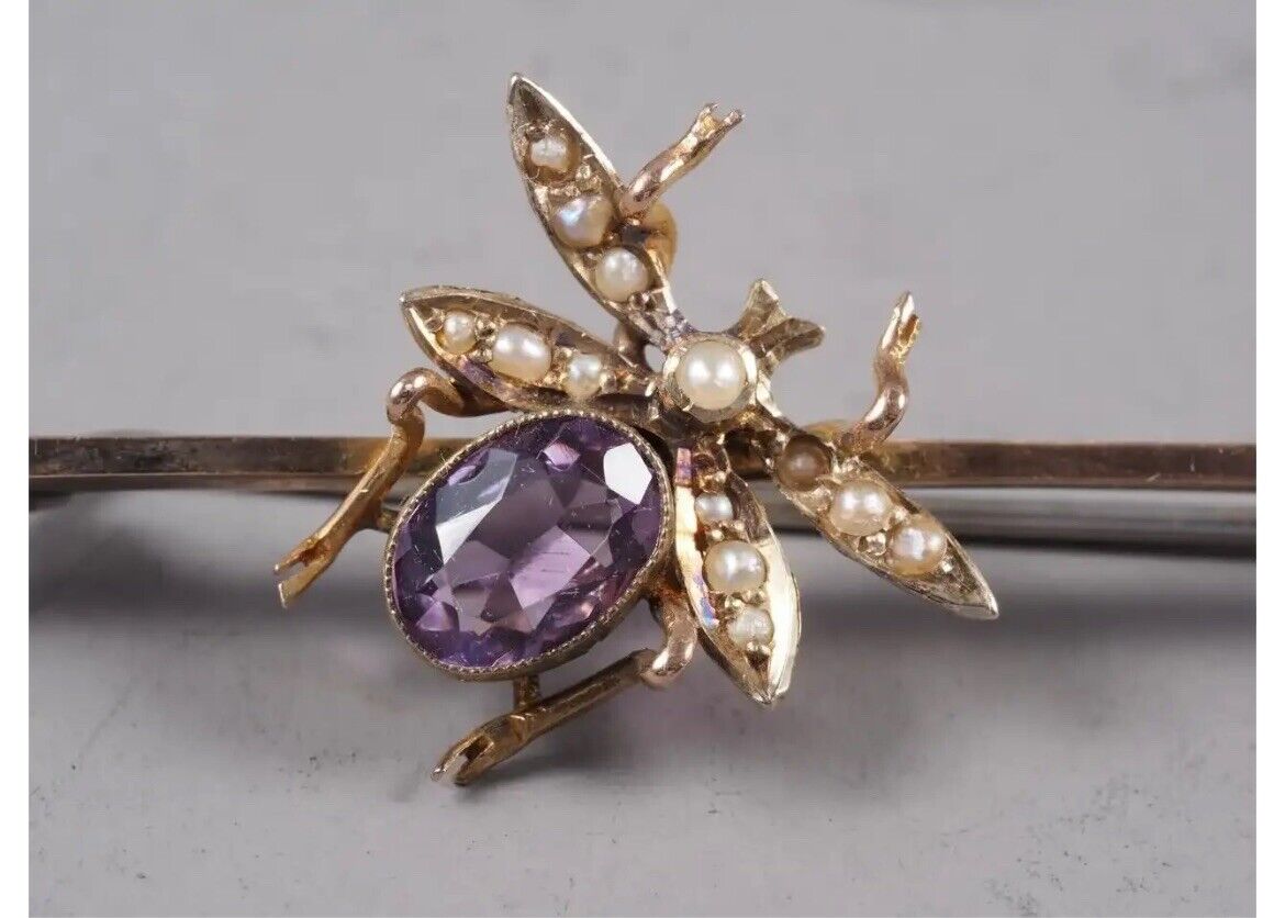 Vintage 9ct Gold Gem Stone Bug Bar Brooch