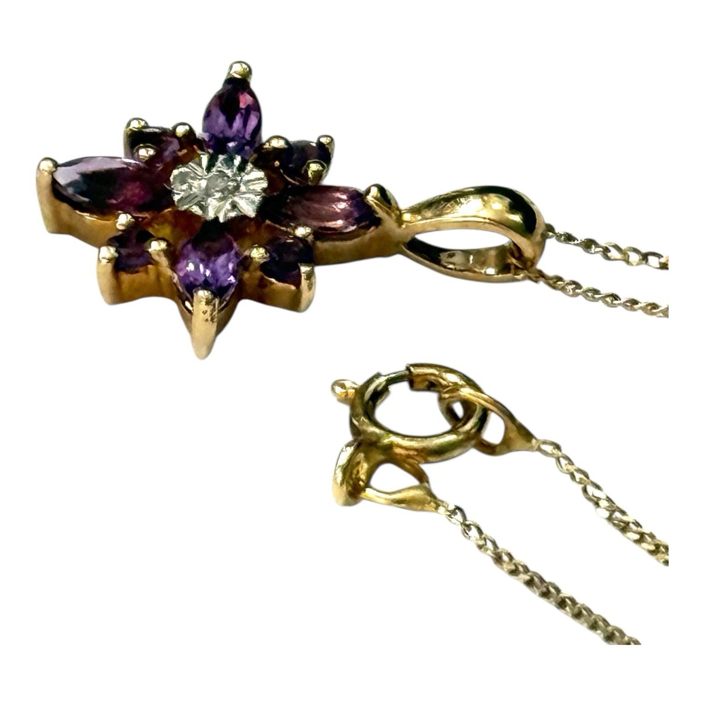 Pretty Amethyst & Diamond Gold Pendant & Chain