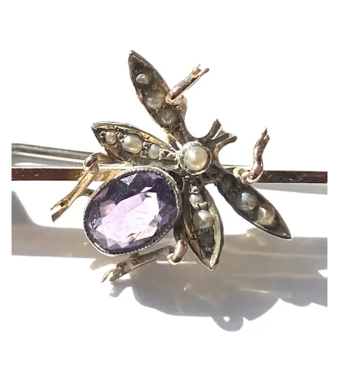 Vintage 9ct Gold Gem Stone Bug Bar Brooch
