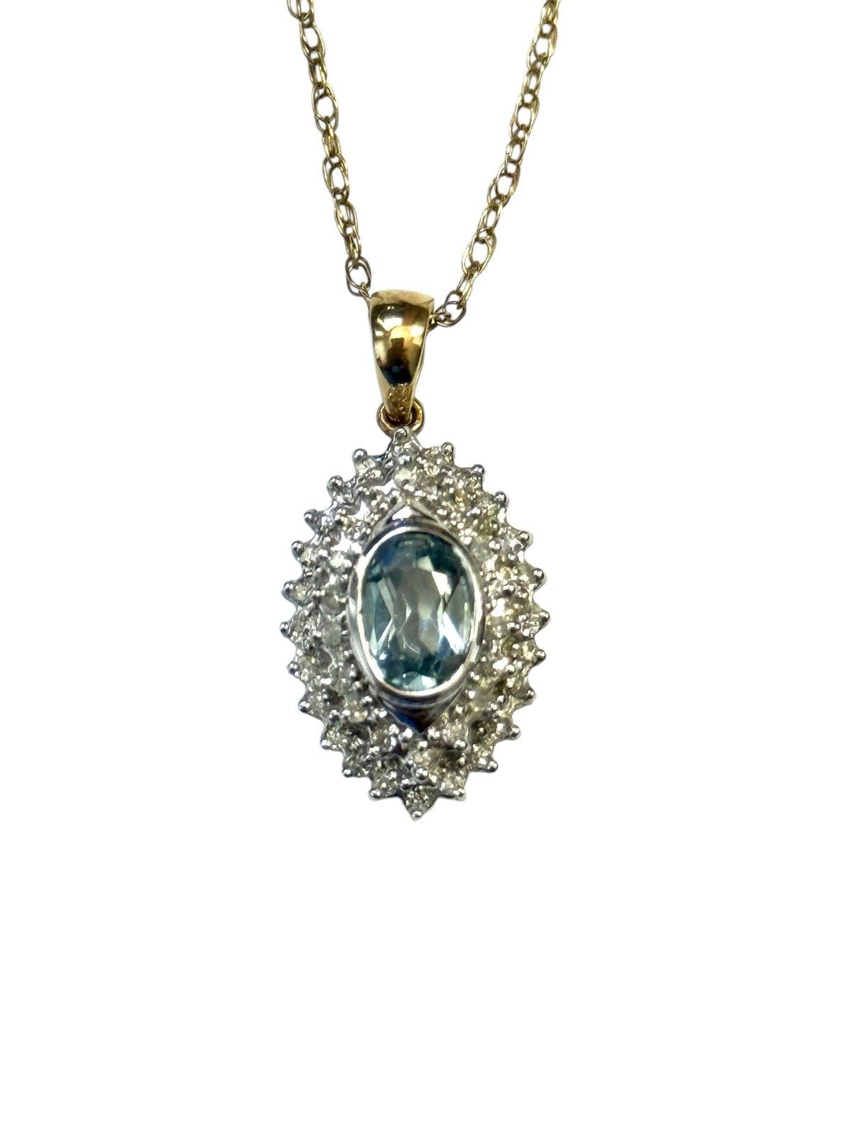 Stunning Piece Of Work - Topaz & Diamond Halo Pendant in Gold & Chain