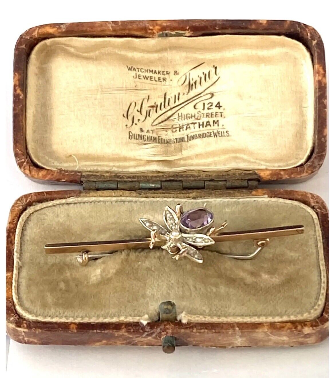 Vintage 9ct Gold Gem Stone Bug Bar Brooch