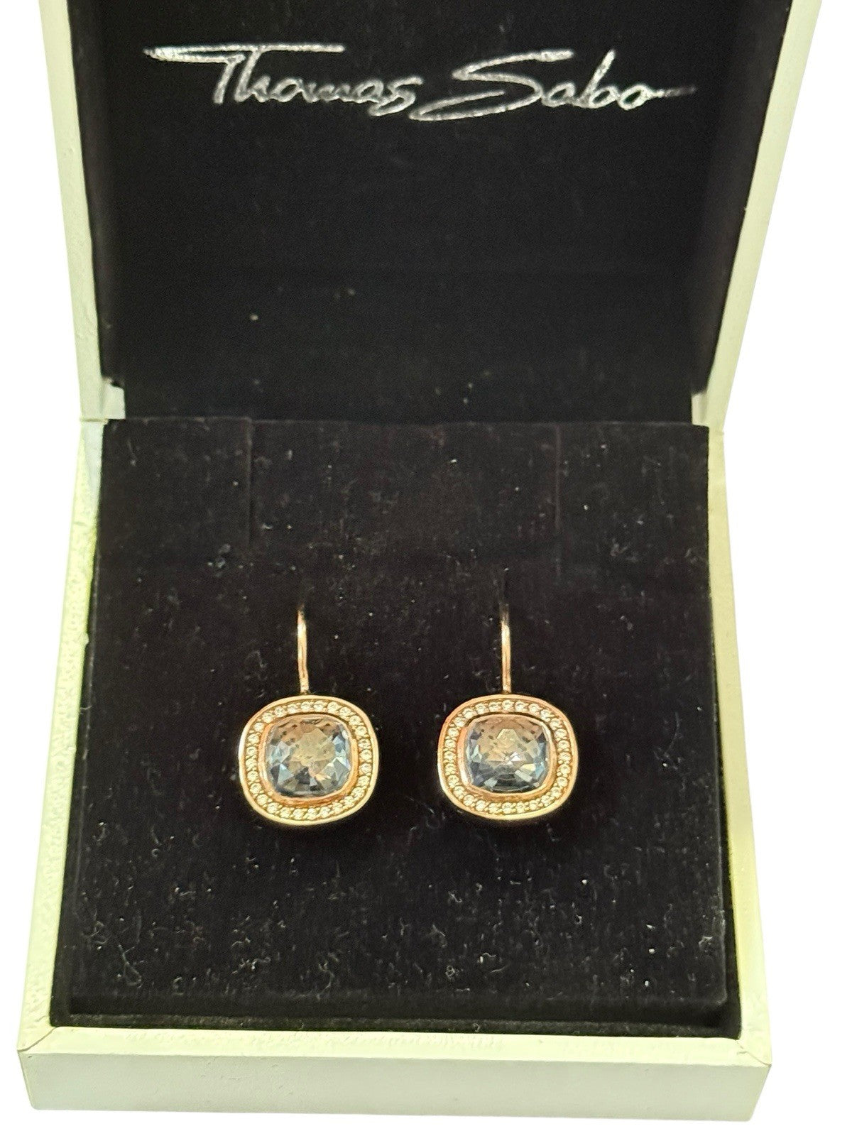 Thomas Sabo 18ct Rose Gold Plated Halo Earrings with Blue Square Stones