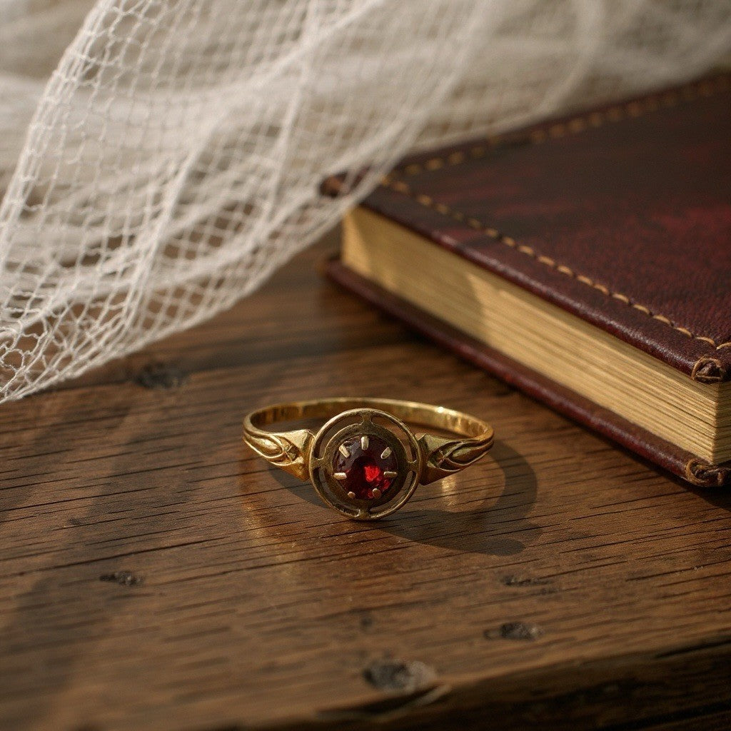 Antique Chester 1917 Garnet Solitaire Gold Ring
