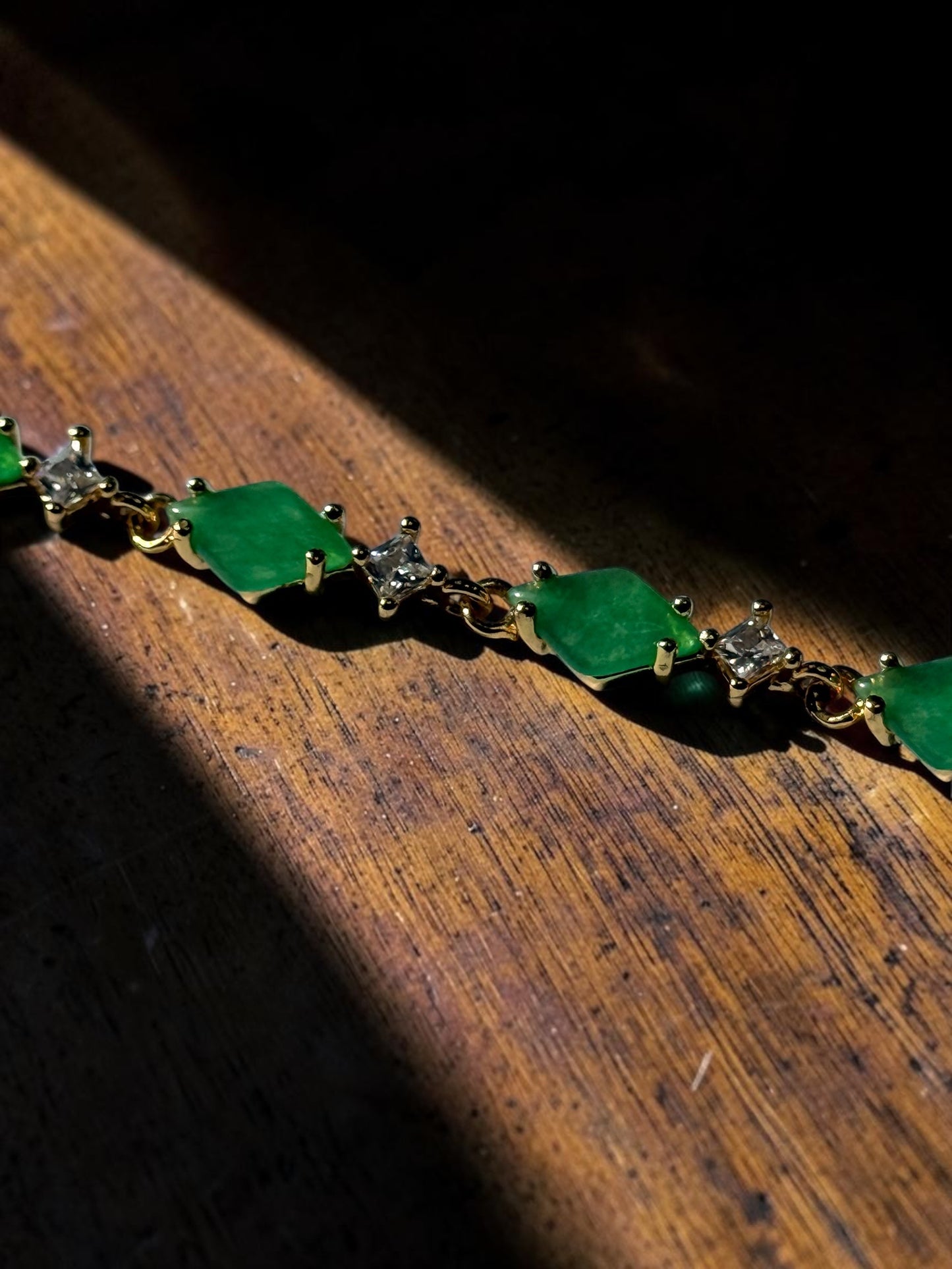 Green Jadeite & CZ Link GP Bracelet 7"