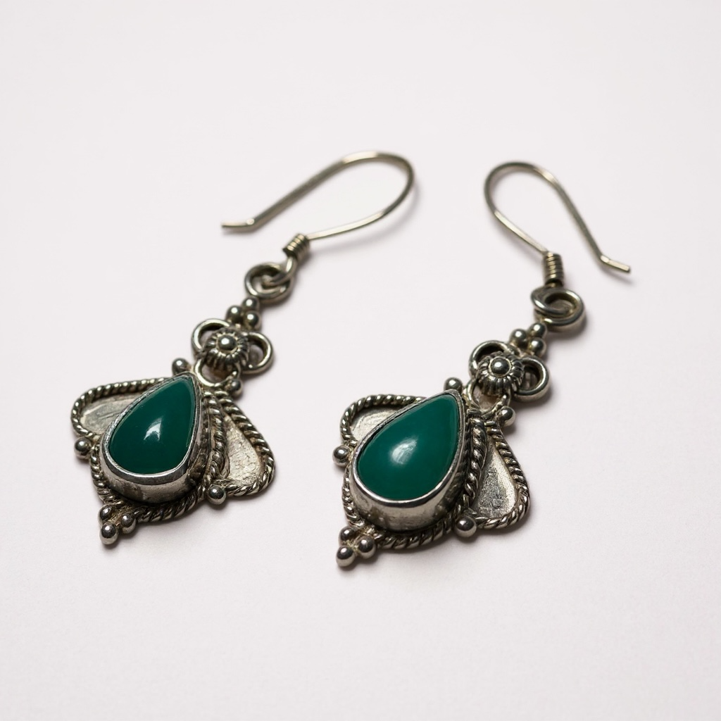 Vintage Chrysoprase Cabochon Silver Dangle Earrings