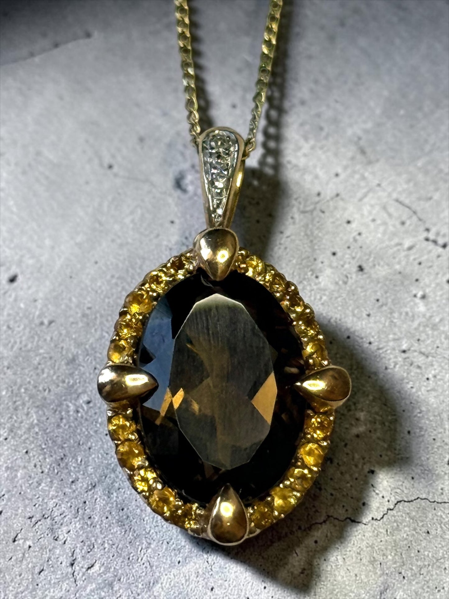 mpressive 5ct Smokey Quartz, Citrine & Diamond 9K Pendant and Chain
