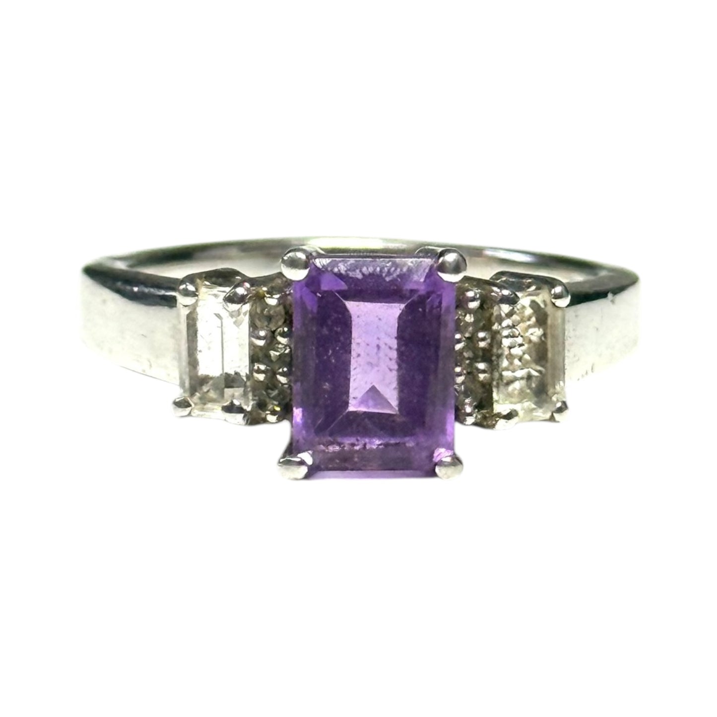 New Amethyst & White Topaz Silver Ring Size R CSC