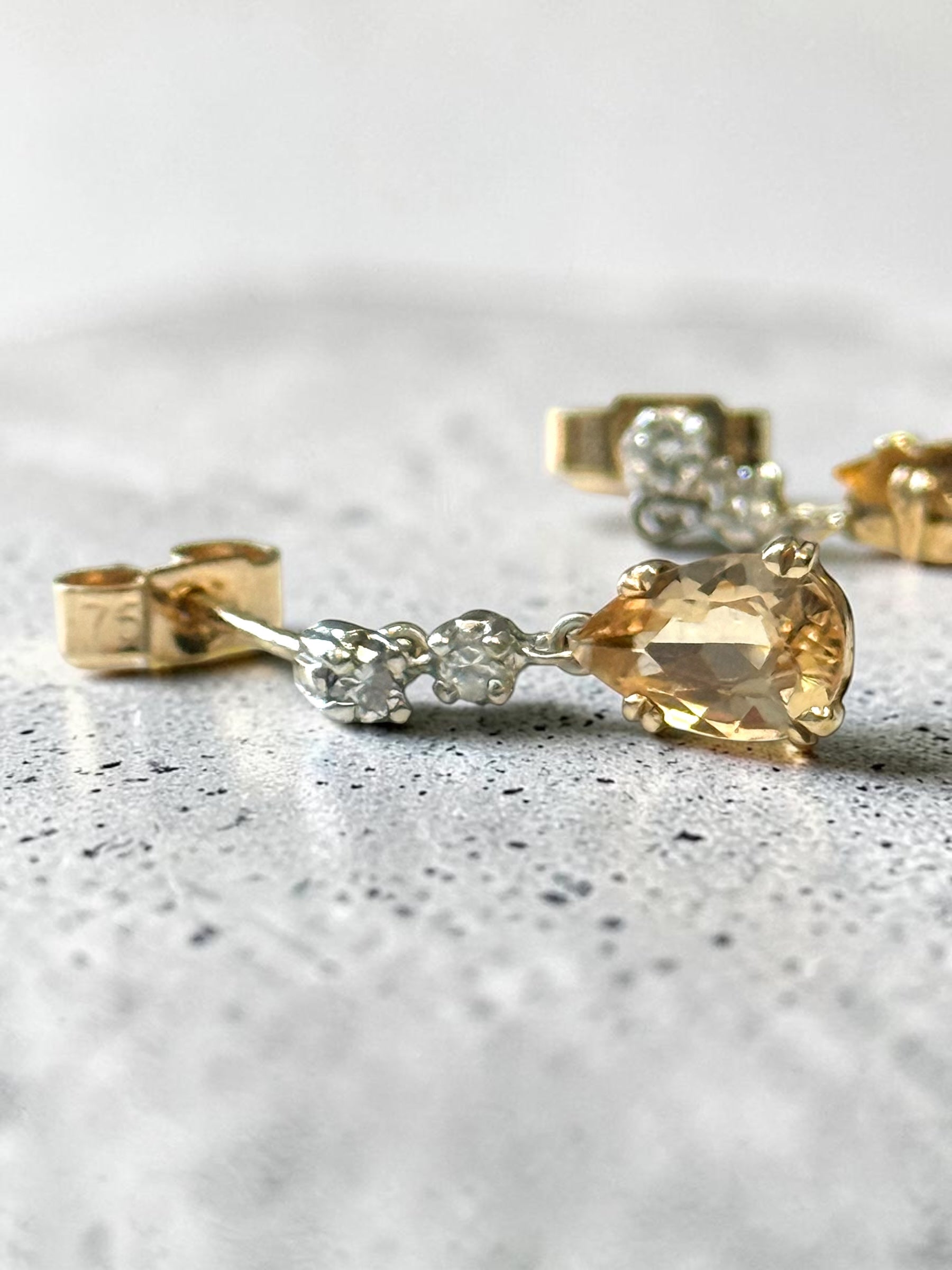 Stunning Vintage Imperial/Sherry Topaz & Diamond Drop Earrings 9ct Gold