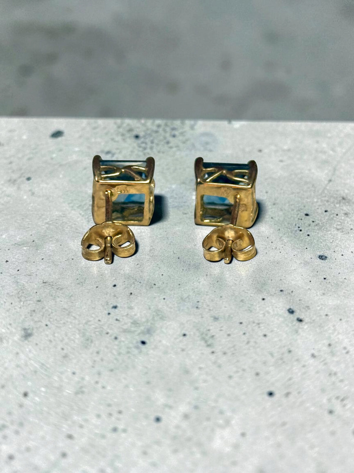 London Blue Topaz Princess Cut 9k Gold Stud Earrings