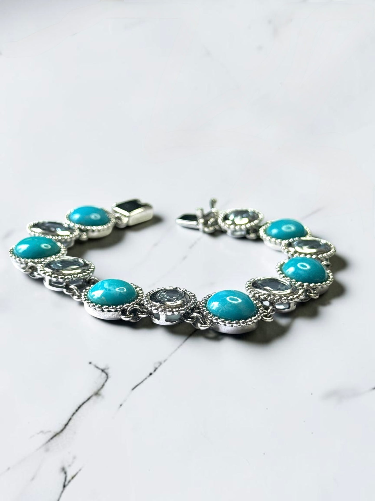 Stunning Hallmarked Vintage Turquoise & Blue Topaz Panel Bracelet Silver 925 7"