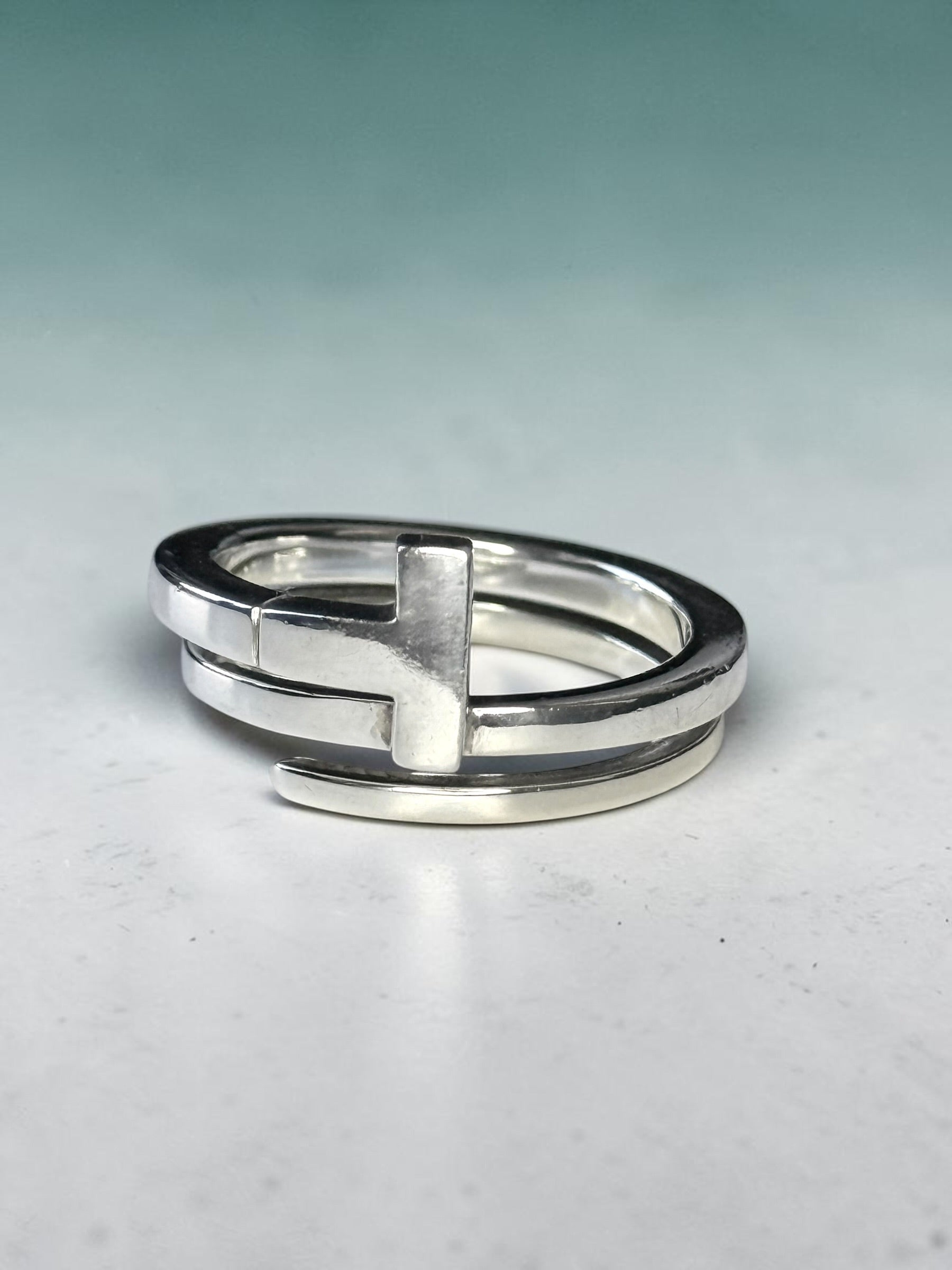 Rarely Available Tiffany & Co. Rare Sterling Silver T Square Wrap Ring size K