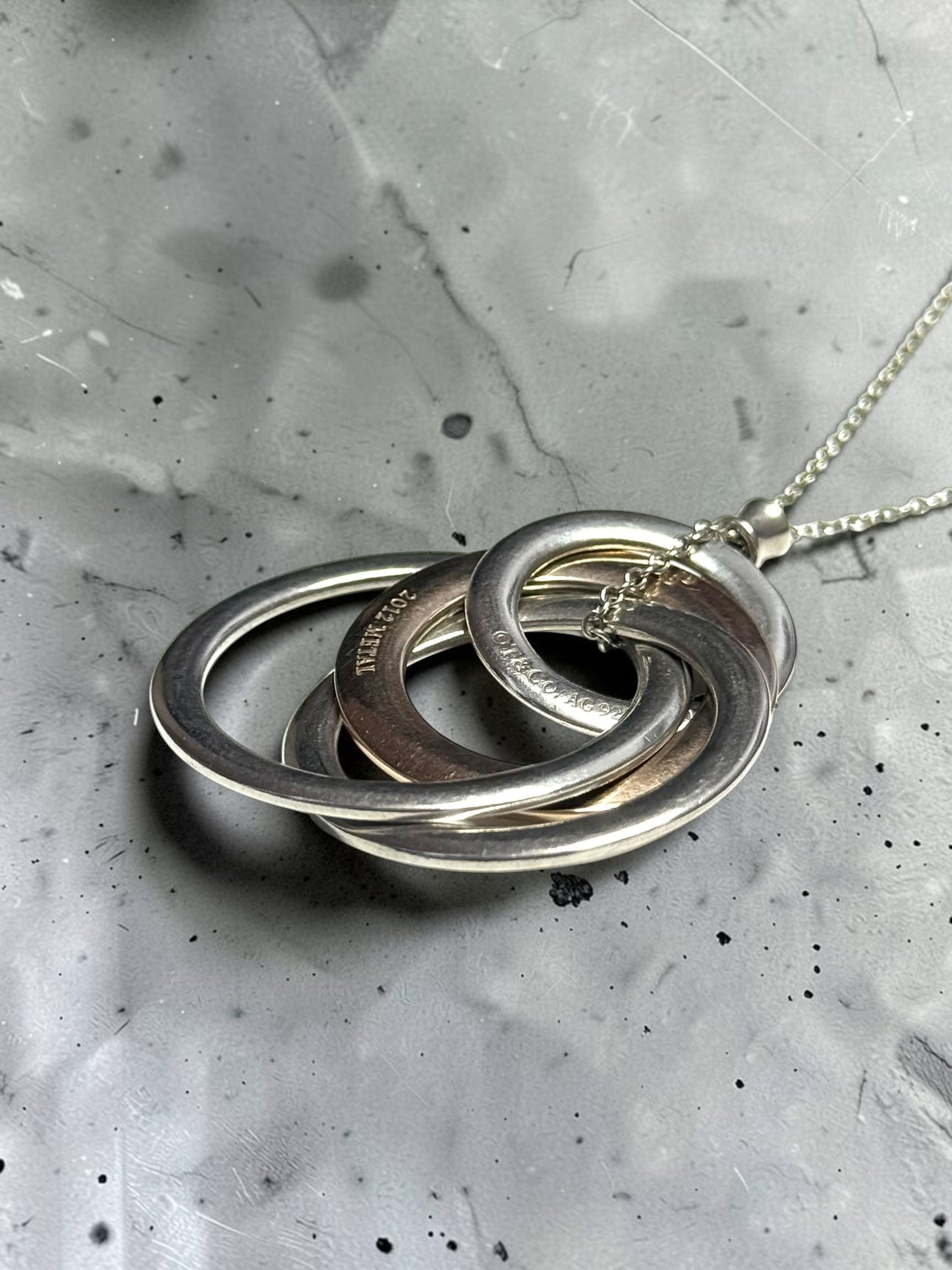 Tiffany & Co Four Circle Large Silver & Rubedo Pendant & Box & 20" Chain