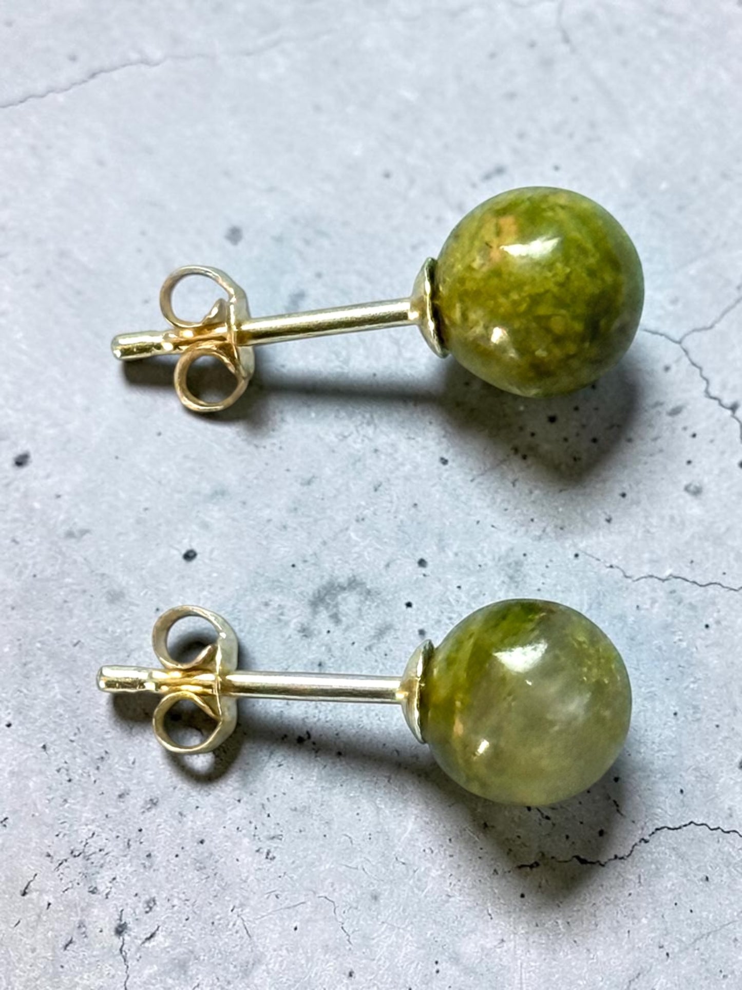 Unusual 5mm Unakite Globe 9k Gold Earrings