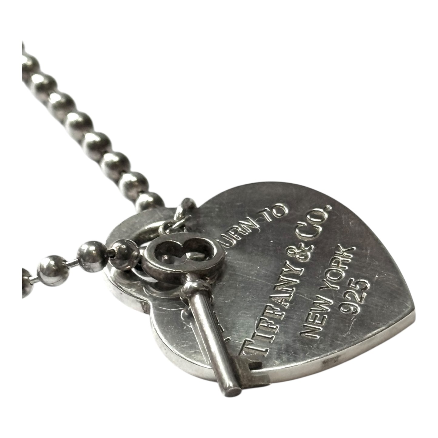 Vintage Tiffany & Co Sterling Silver Heart Key With 36" Beaded Chain