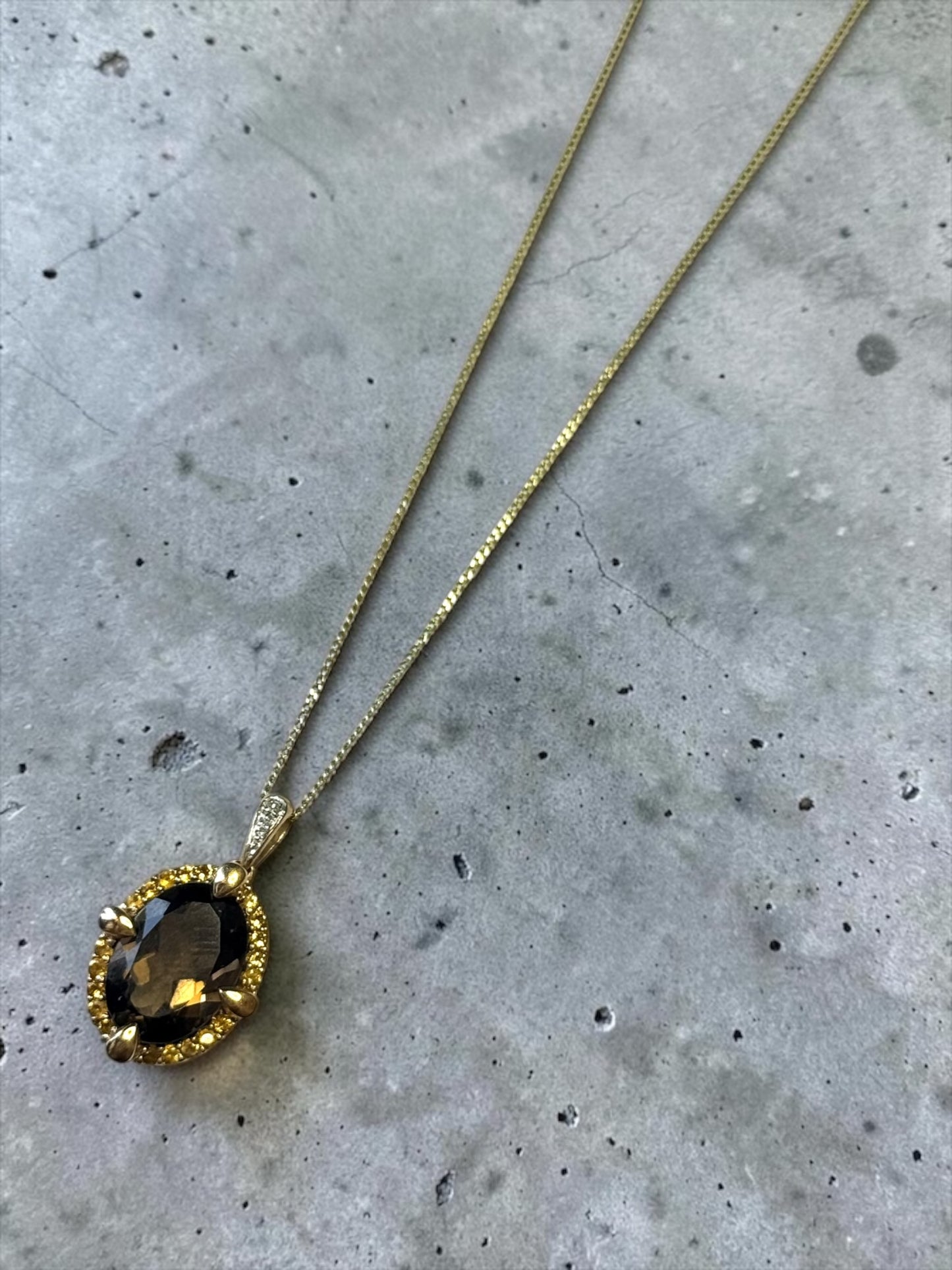 mpressive 5ct Smokey Quartz, Citrine & Diamond 9K Pendant and Chain