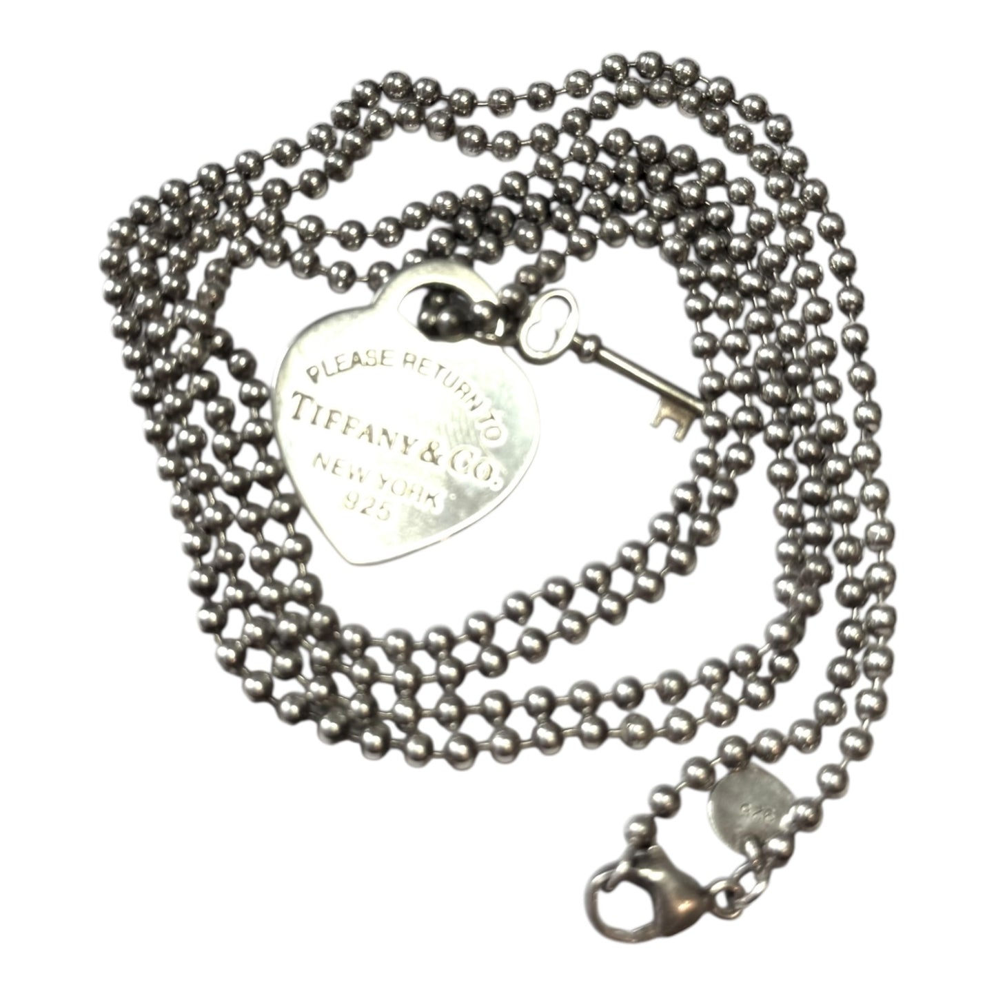 Vintage Tiffany & Co Sterling Silver Heart Key With 36" Beaded Chain