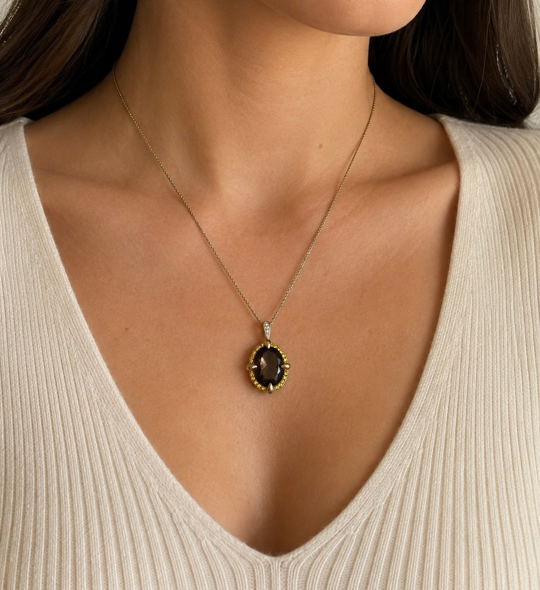 mpressive 5ct Smokey Quartz, Citrine & Diamond 9K Pendant and Chain