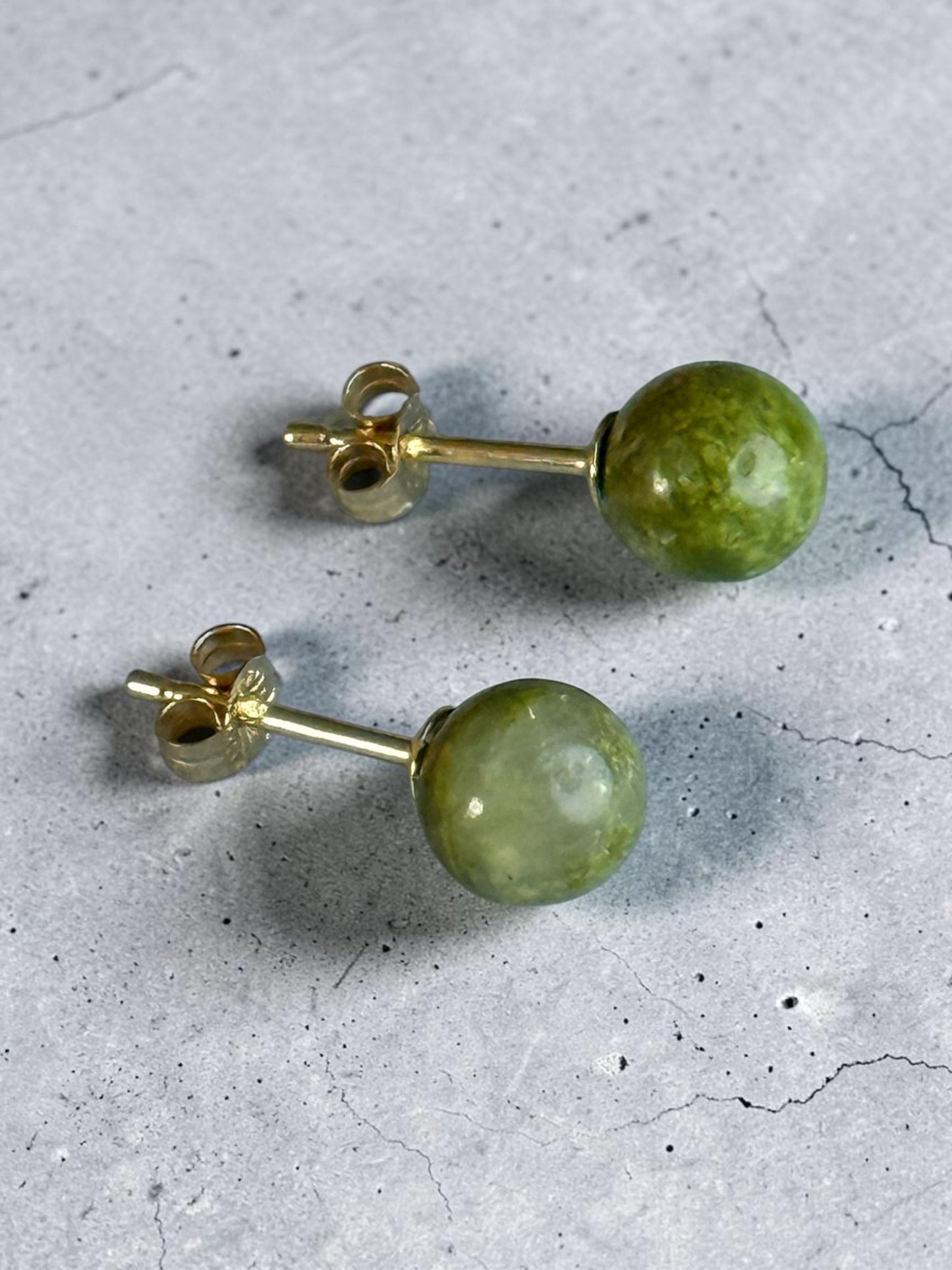 Unusual 5mm Unakite Globe 9k Gold Earrings