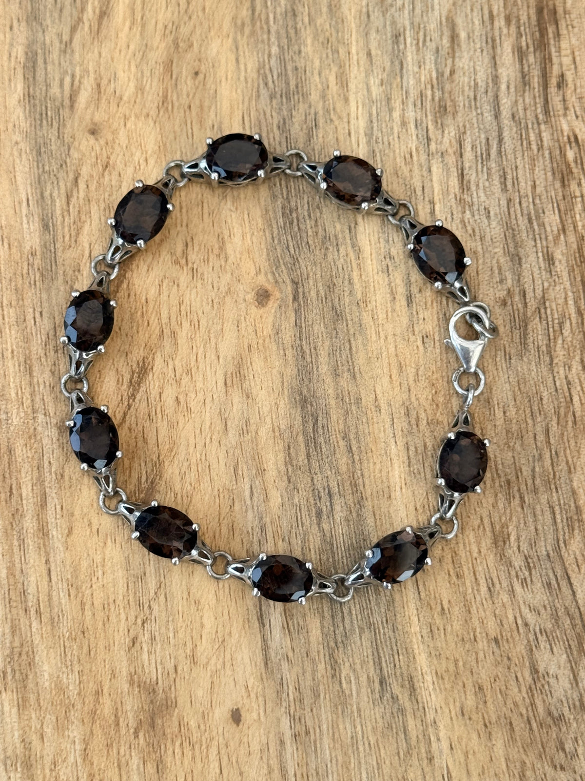 Quality Vintage Hallmarked Smokey Quartz Oval 18ct 925 Silver Bracelet 7 1/2"
