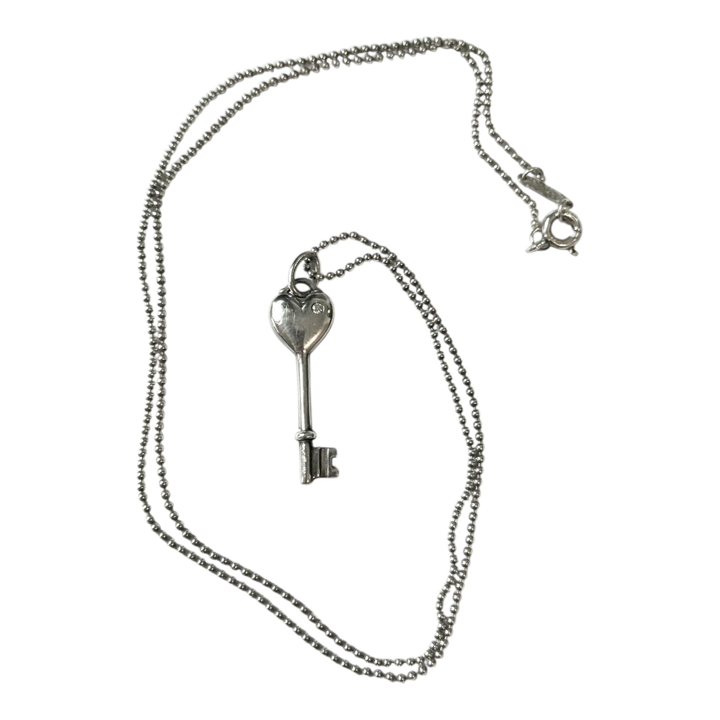 Tiffany & Co Diamond Silver Heart Key Pendant 20" Chain Necklace Rare