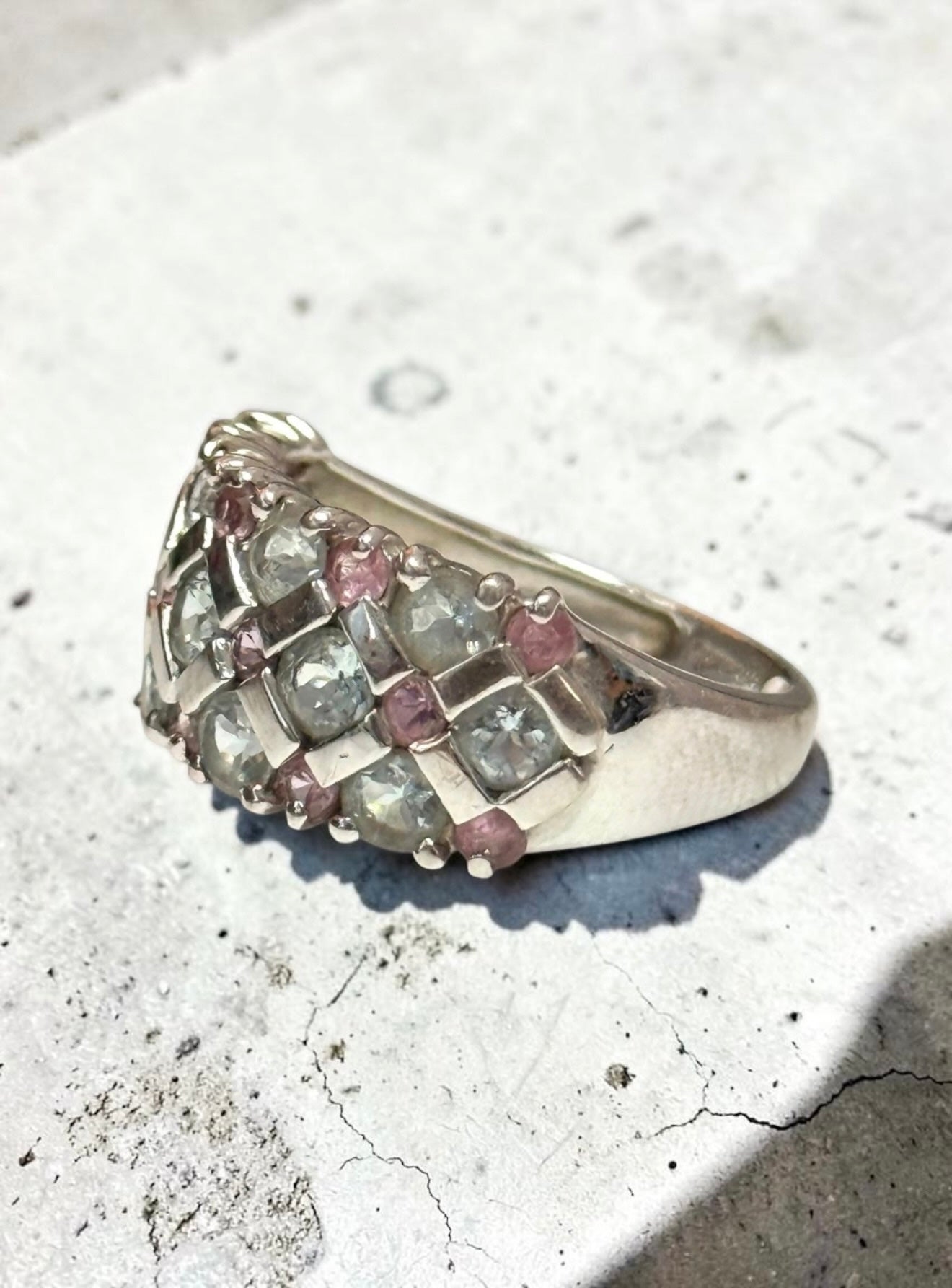 Vintage Aquamarine & Pink Sapphire White Gold Ring Size K