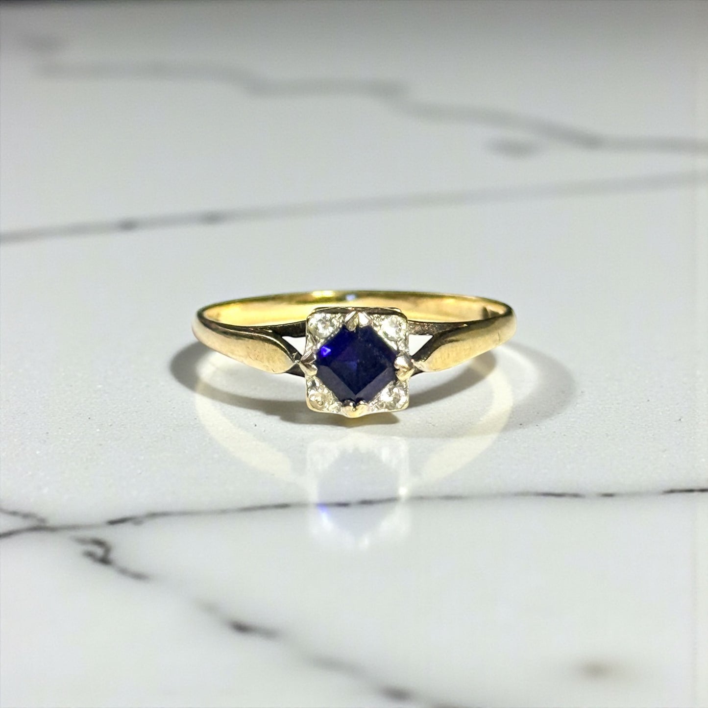 Vintage Blue Sapphire & White Spinel Gold Ring
