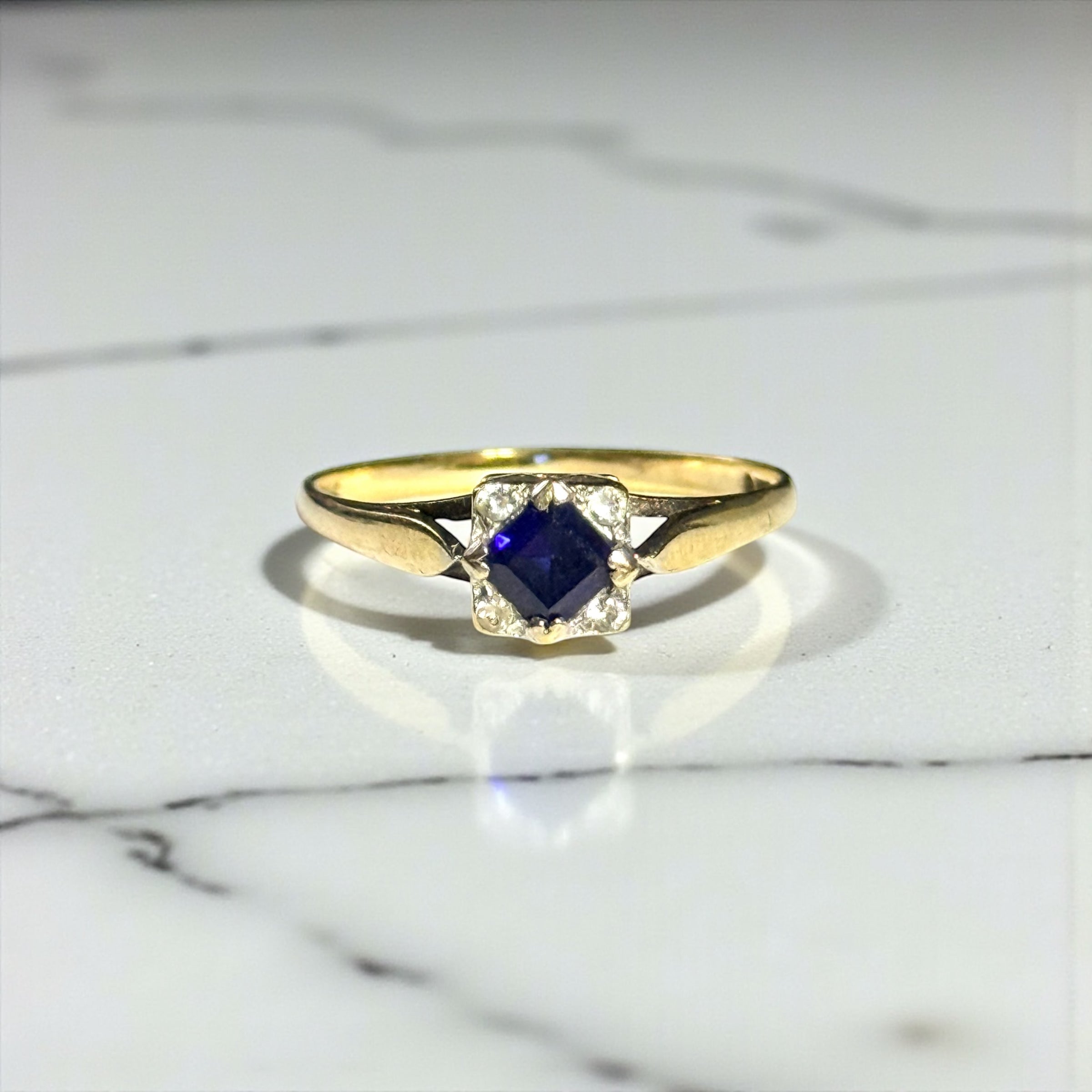 Vintage Blue Sapphire & White Spinel Gold Ring