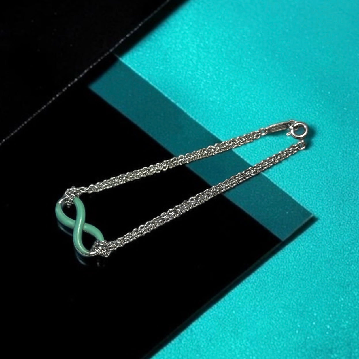 Tiffany & Co Retired Infinity Blue Enamel Double Chain Bracelet 6 1/2 Inch