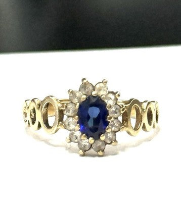 Pretty Vintage Synthetic Blue & White CZ Gem Halo 9ct Gold Ring