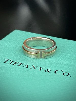 Tiffany & Co. 18Ct 18K Gold and Silver T Wide Band Ring size K UK Hallmarked