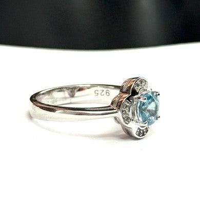 Floral Round Cut Blue Topaz Ring With White Zircon Accents New Size P