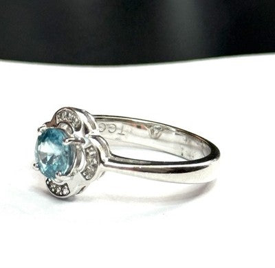 Floral Round Cut Blue Topaz Ring With White Zircon Accents New Size P