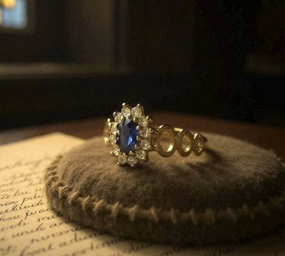 Pretty Vintage Synthetic Blue & White CZ Gem Halo 9ct Gold Ring