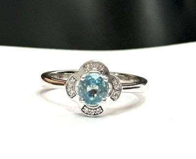 Floral Round Cut Blue Topaz Ring With White Zircon Accents New Size P