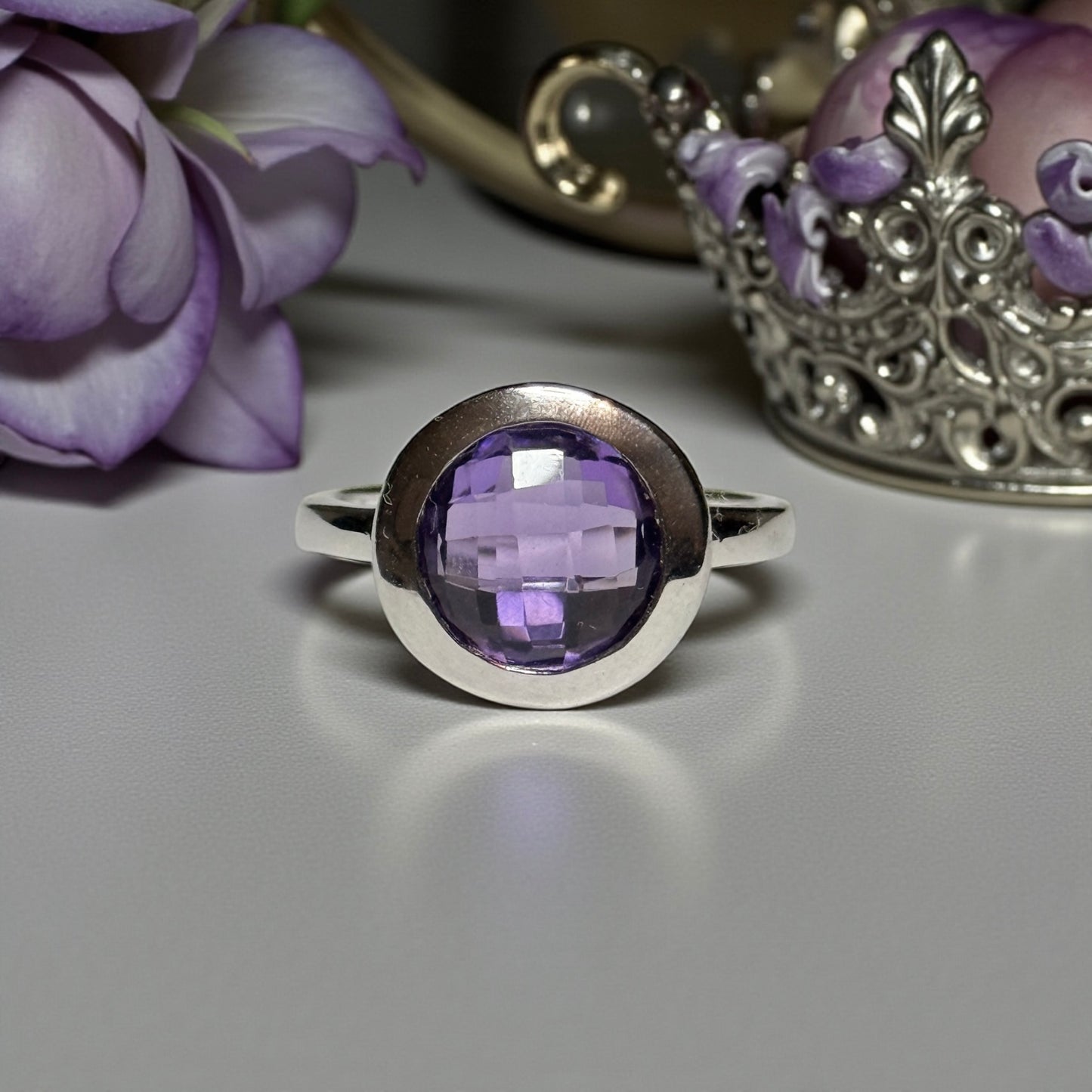 Amethyst Checkerboard Cut New Silver Ring Size P