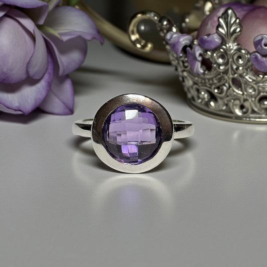 Amethyst Checkerboard Cut New Silver Ring Size P